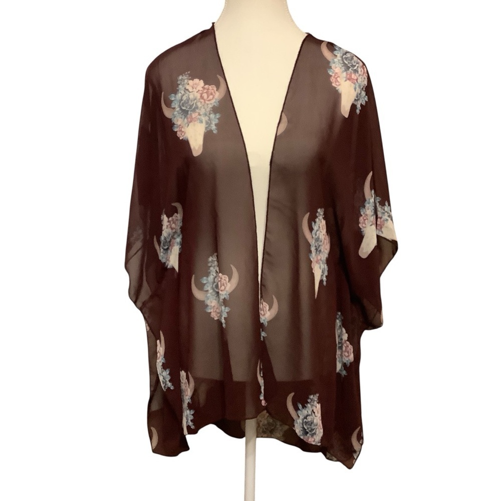 Eclipse Sheer Wine Purple Bull Skull Floral Kimono Cardigan Size S